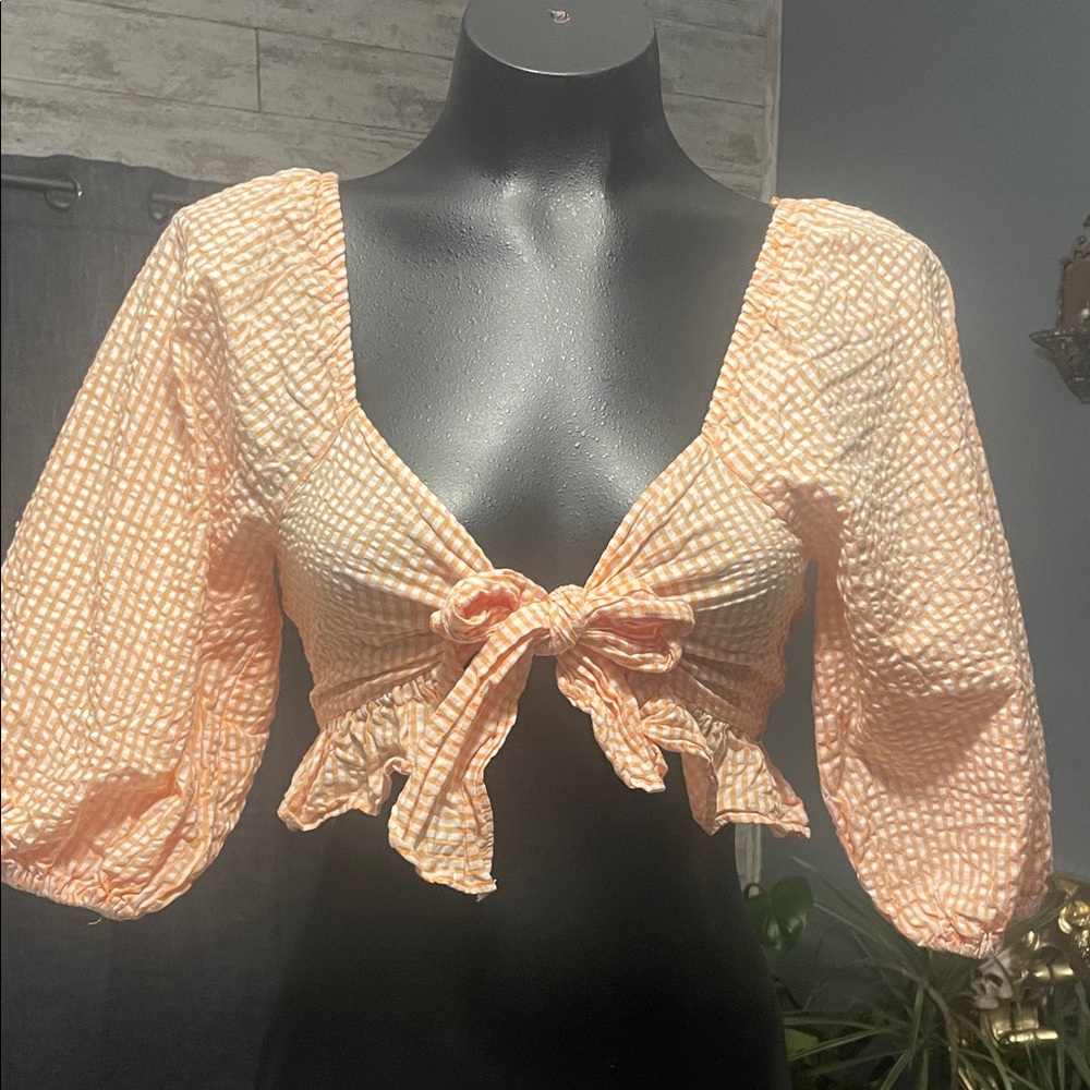 Lush Orange and White Checkered Puff Sleeve Crop Top